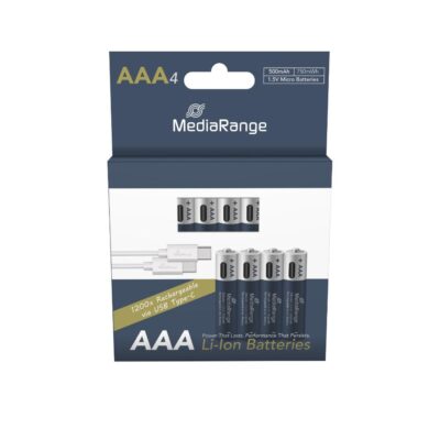 MediaRange Rechargeable USB-C Li-Ion Batteries, Micro AAA I 1.5V I 500mAh, 4-Pack (MRBAT160)